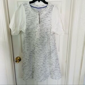 NWOT VIOLET WEEKEND gray textured puff sleeve Pearl clasp cotton dress medium